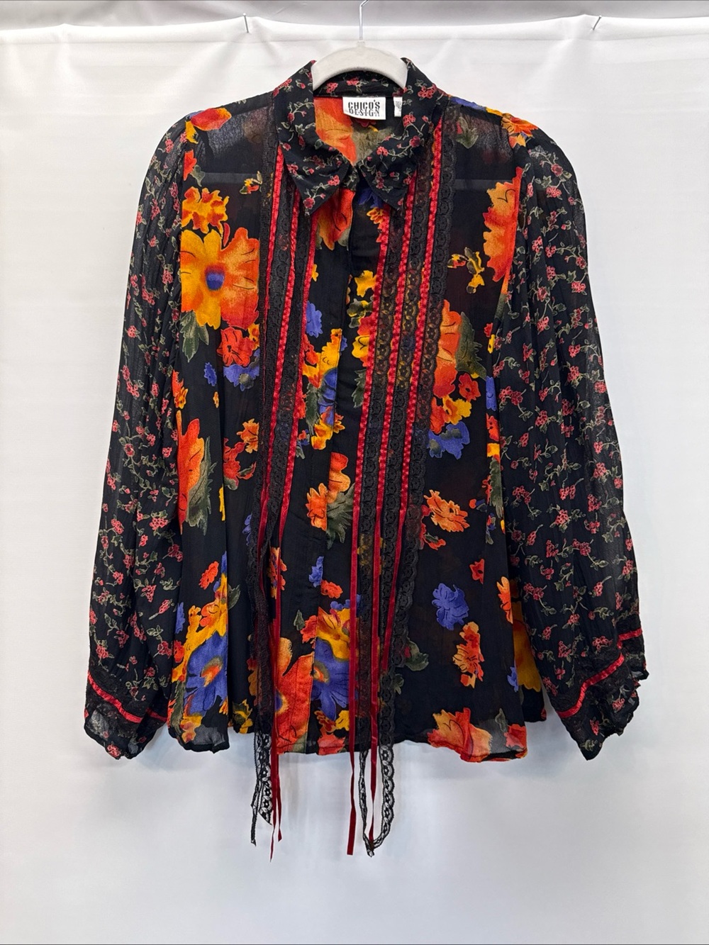 Vintage Chicos Design Black Floral Lace Sheer Snaps Blouse Sz 1 (M) Art To Wear